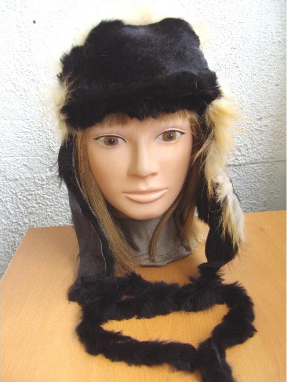 EXCELLENT BLACK RABBIT & RED FOX FUR HAT HOOD  WOMEN WOMAN SIZE ALL